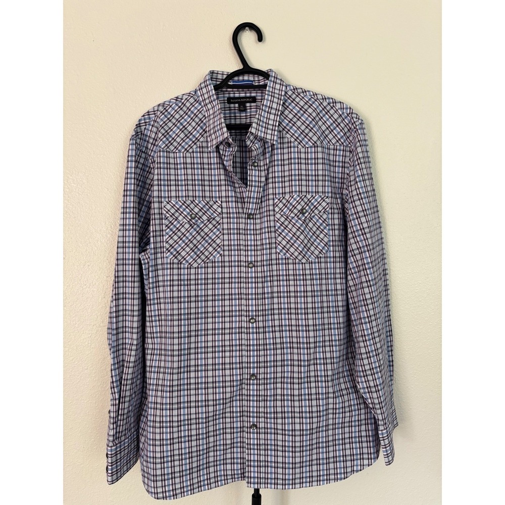 Banana Republic Mens XL‎ Western Pearl Snap Shirt Plaid Blue Purple Long Sleeve